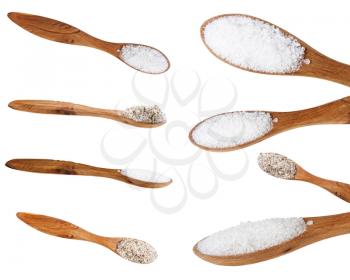 collage from little wooden spoon with various salts isolated on white background