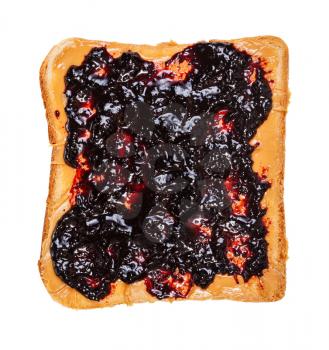 top view of open sandwich with toast and Peanut butter and blueberry jelly isolated on white background
