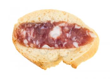 top view of open sandwich with fresh bread and slice of cured sausage isolated on white background