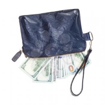 open small blue leather wristlet purse bag with many dollars isolated on white backgroun