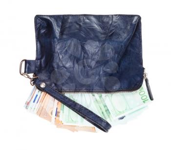 open small blue leather wristlet pouch bag with many euros isolated on white backgroun