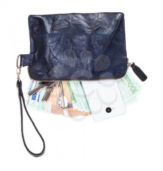 open small blue leather wristlet pouch bag with phone, door keys and euros isolated on white background
