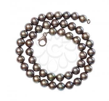 top view of spiral necklace from natural black pearls isolated on white background