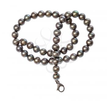 top view of tangled necklace from natural black pearls isolated on white background