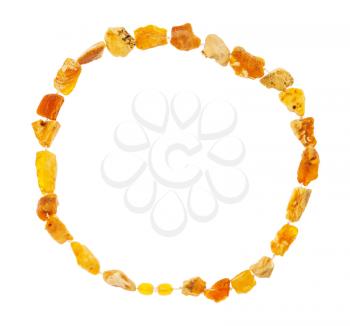 top view of necklace from natural raw yellow amber nuggets isolated on white background