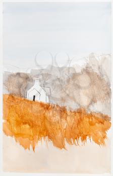 vertical landscape with single chapel on yellow mountain slope in autumn hand painted by watercolour paints on white textured paper