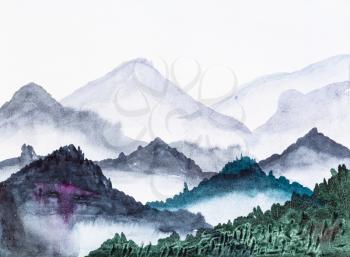 view of overgrown mountains in morning hand painted by watercolour paints on white textured paper