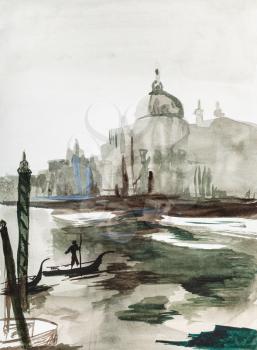 vertical morning view on Venice city with canal and church hand painted by watercolour paints on white textured paper