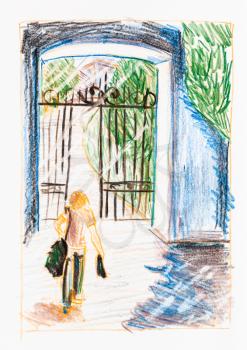 sketch of man goes to gate of city park in summer hand-drawn by color pencils on white paper