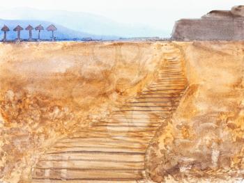 wooden footpath on sand beach in Algarve region of Portugal on summer day hand painted by watercolour paints on white textured paper