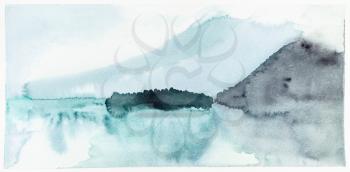 panoramic view of Schliersee lake in Bavarian Alps in summer morning hand painted by watercolour paints on white textured paper
