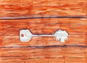 door key on wooden table hand painted by watercolour paints on white textured paper