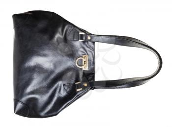 handmade black leather handbag with brass clasp isolated on white backgroud