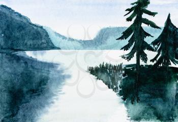 Bavarian night landscape with lake and spruce trees hand-drawn by watercolours on white paper