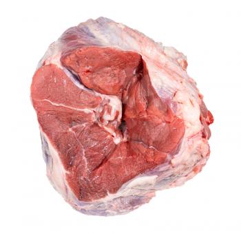 top view of raw piece of halal beef shank isolated on white background