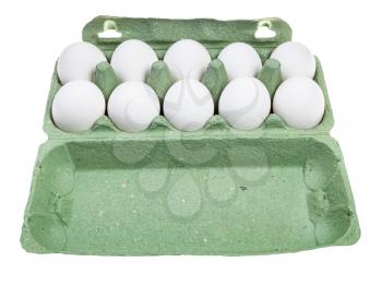 ten white chicken eggs in green paper box isolated on white background