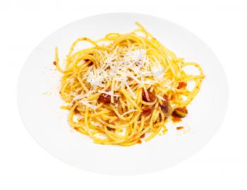 mixed Spaghetti alla Sorrentina on white plate isolated on white background