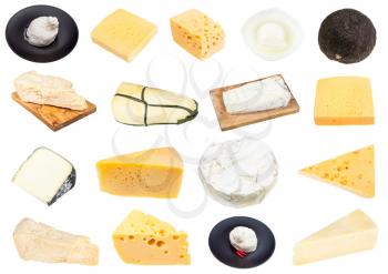 collection of various pieces of cheeses isolated on white background