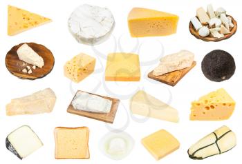 various pieces of cheeses isolated on white background