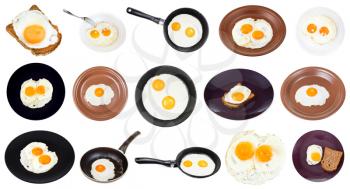 collection of various fried eggs on plates and pans isolated on white background