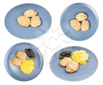 set of portion of homemade steamed red fish cutlets on blue plate isolated on white background