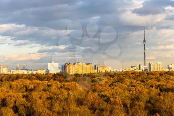 urban park and residential district on horizon lit by autumn sunset sun in Moscow city