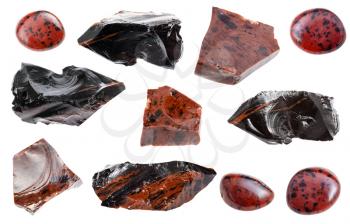 collection of various Mahogany Obsidian natural mineral gem stones and samples of rock isolated on white background