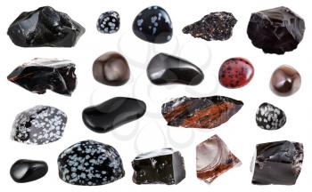 collection of various Obsidian (volcanic glass) natural mineral gem stones and samples of rock isolated on white background