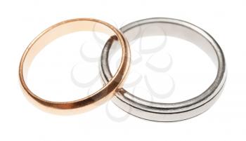 pair of different used wedding rings isolated on white background