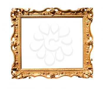 horizontal old baroque wooden painting frame with cutout canvas isolated on white background
