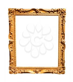 vertical old baroque wooden painting frame with cutout canvas isolated on white background