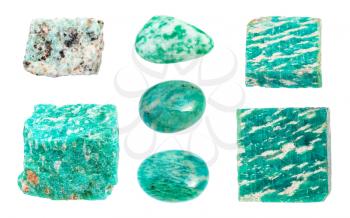 set of various green Amazonite (Amazon stone) gemstones isolated on white background