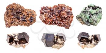 set of various Andradite garnet crystals isolated on white background
