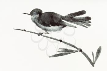 training drawing in sumi-e (suibokuga) style with watercolor paints - bird on bamboo twig is hand drawn on creamy paper