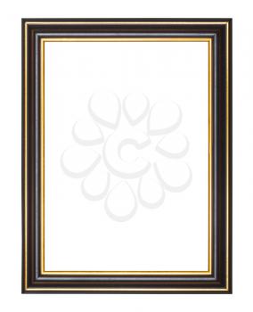empty wide black and gold wooden picture frame with cut out canvas isolated on white background