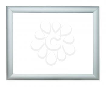 empty modern silver wooden picture frame with cut out canvas isolated on white background
