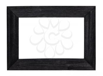 empty black painted wide wooden picture frame with cut out canvas isolated on white background