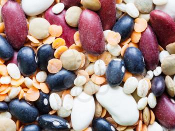 food background - ingredients for bean chowder mix, beans, lentils and pearl barley close up