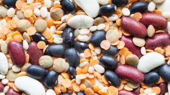 food background - ingredients for mixed bean soup, beans, lentils and pearl barley close up