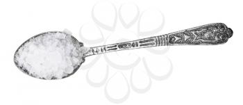top view of silver salt spoon with coarse grained Sea Salt isolated on white background