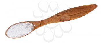 top view of wooden salt spoon with grained Rock Salt isolated on white background