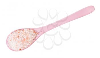 top view of ceramic spoon with pink Himalayan Salt isolated on white background