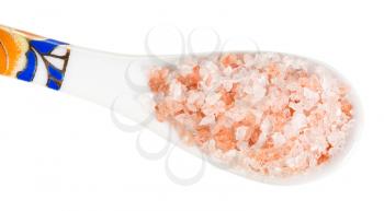 top view of chinese spoon with pink Himalayan Salt close up isolated on white background