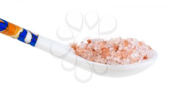 side view of chinese spoon with pink Himalayan Salt close up isolated on white background