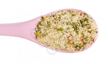 top view of ceramic spoon with seasoned salt with dried vegetables and flavours close up isolated on white background