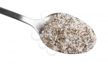 top view of steel teaspoon with seasoned salt with spices and dried herbs close up isolated on white background