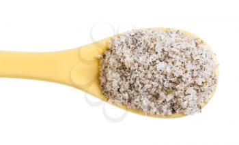 top view of ceramic spoon with seasoned salt with spices and dried herbs close up isolated on white background