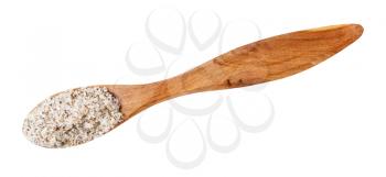 top view of wooden salt spoon with seasoned salt with spices and dried herbs isolated on white background