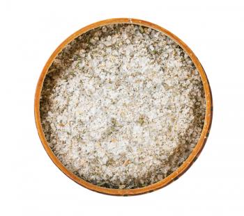 top view of wooden salt cellar with seasoned salt with spices and dried herbs isolated on white background