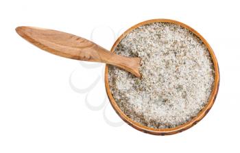 top view of wooden salt cellar with salt spoon with seasoned salt with spices and dried herbs isolated on white background
